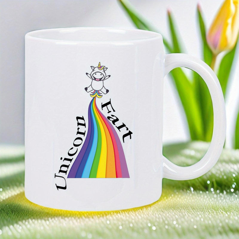 Tailorly White Ceramic 11 oz Mug - Unicorn Fart Cute Magical Creature Floating Above Vibrant Colorful Arched Rainbow Trail Unicorn