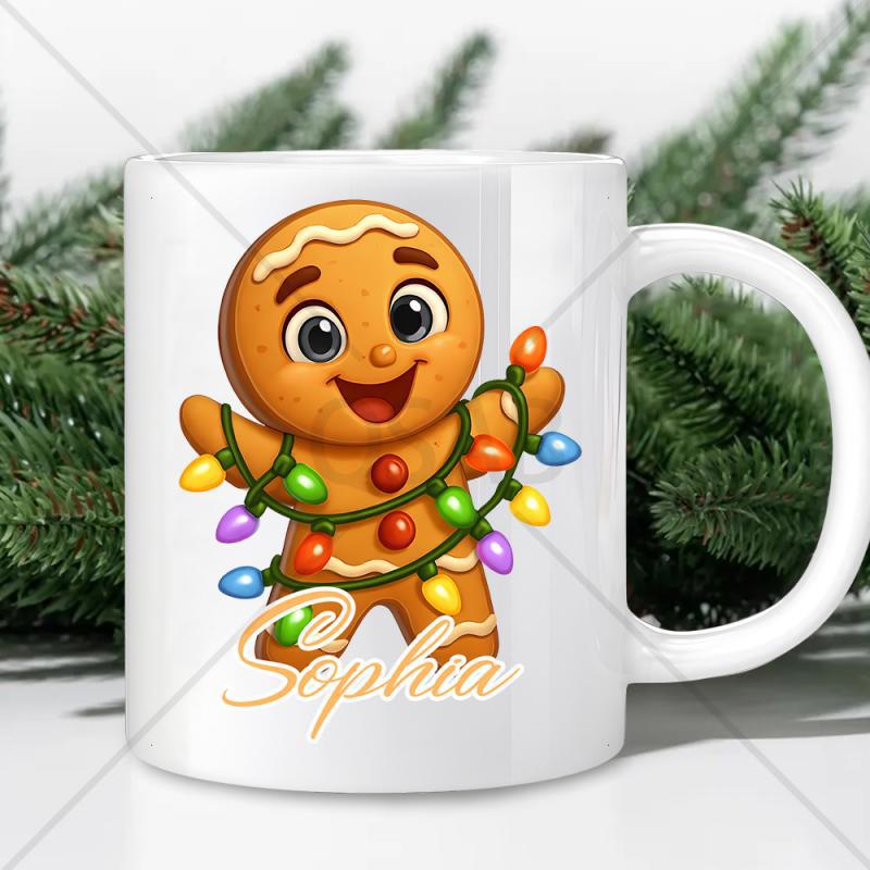 Tailorly White Ceramic 11 oz Mug - Sophia Festive Colorful Christmas Lights Glowing Around A Happy Gingerbread Man