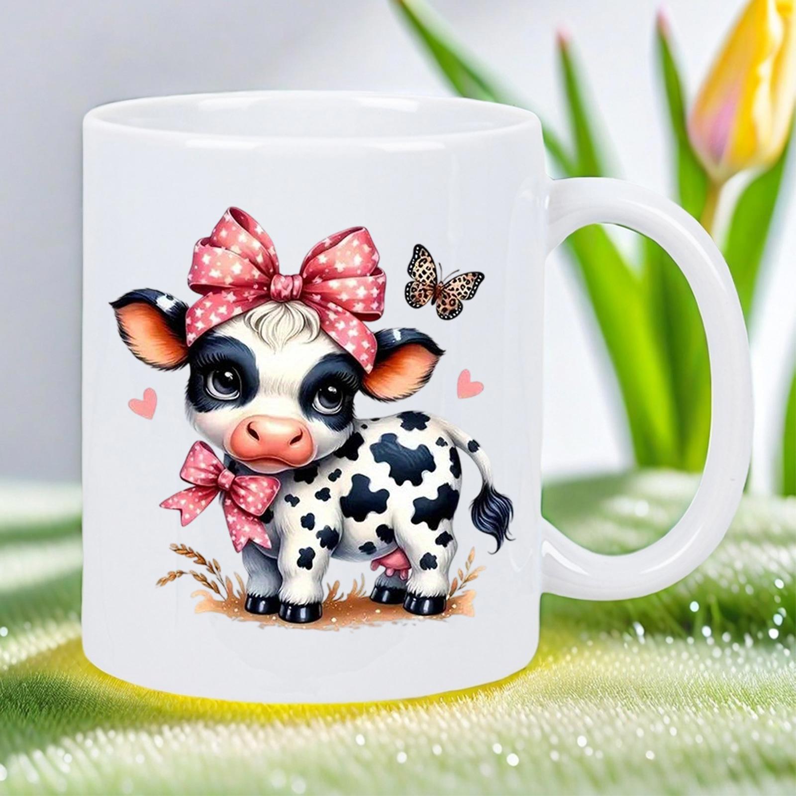 Tailorly White Ceramic 11 oz Mug - Cute Spotted Baby Calf With Pink Bows And Butterfly Cow