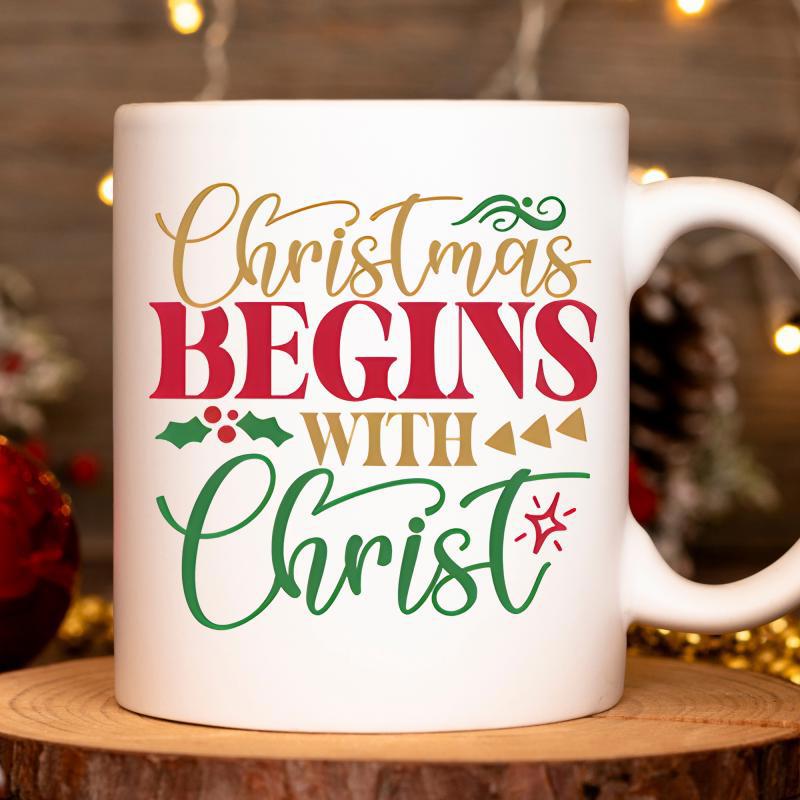 Tailorly White Ceramic 11 oz Mug - Christmas Begins With Christ Elegant Script Letters Surrounded By Festive Holly And Berries Christmas