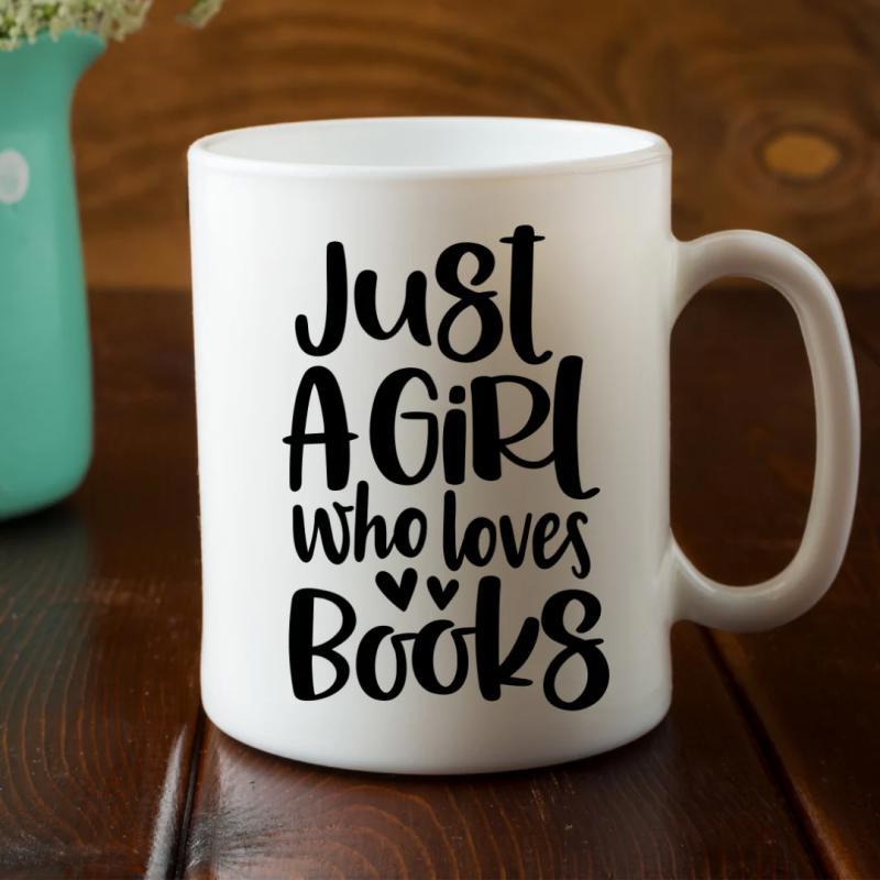 Tailorly White Ceramic 11 oz Mug - Just A Girl Who Loves Books Minimalist Elegant Lettering Featuring Heart Accents And Artistic Typography Mug
