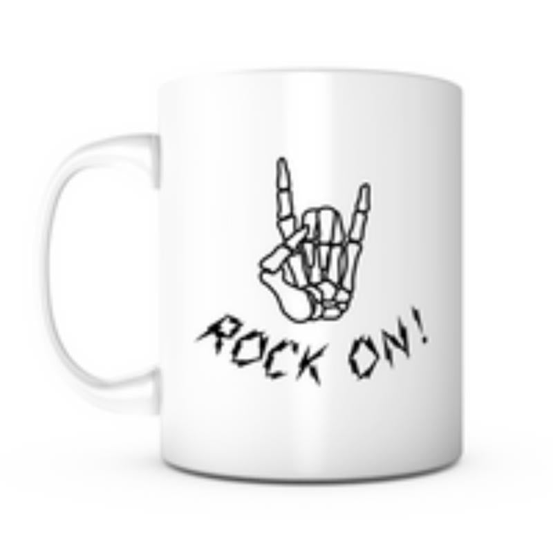 Tailorly White Ceramic 11 oz Mug - Rock On Minimalist Black Skeleton Hand Making Horns Sign Among White Background Skeleton