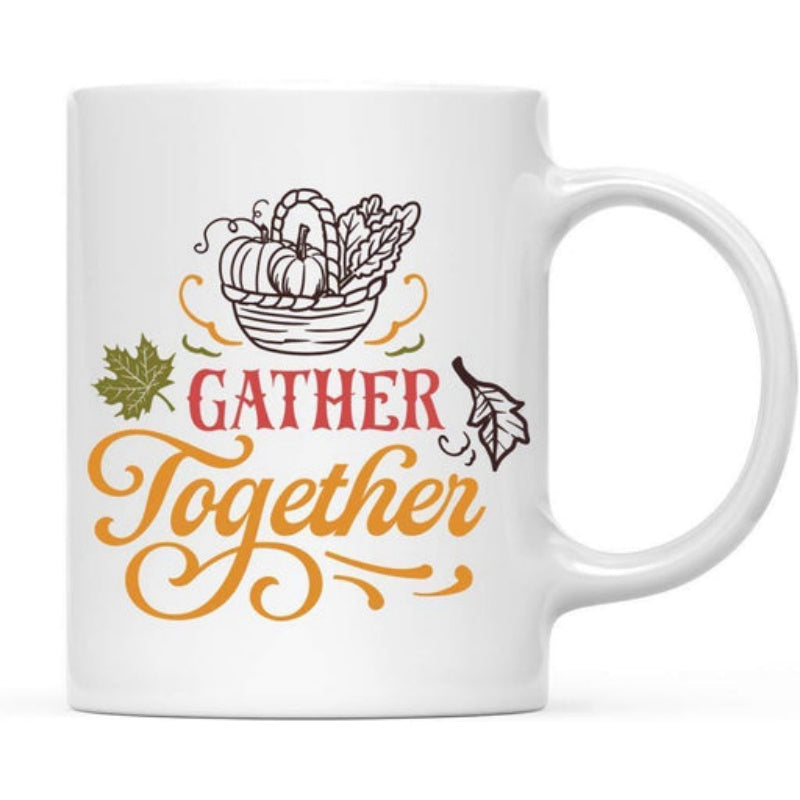 Tailorly White Ceramic 11 oz Mug - Gather Together Rustic Harvest Basket With Seasonal Pumpkins And Falling Decorative Leaves Basket