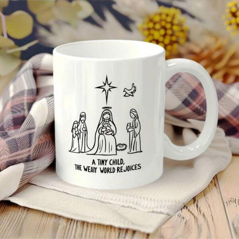 Tailorly White Ceramic 11 oz Mug - A Tiny Child The Weary World Rejoices Minimalist Black Ink Style Sketch Of Sacred Biblical Holy Family Nativity