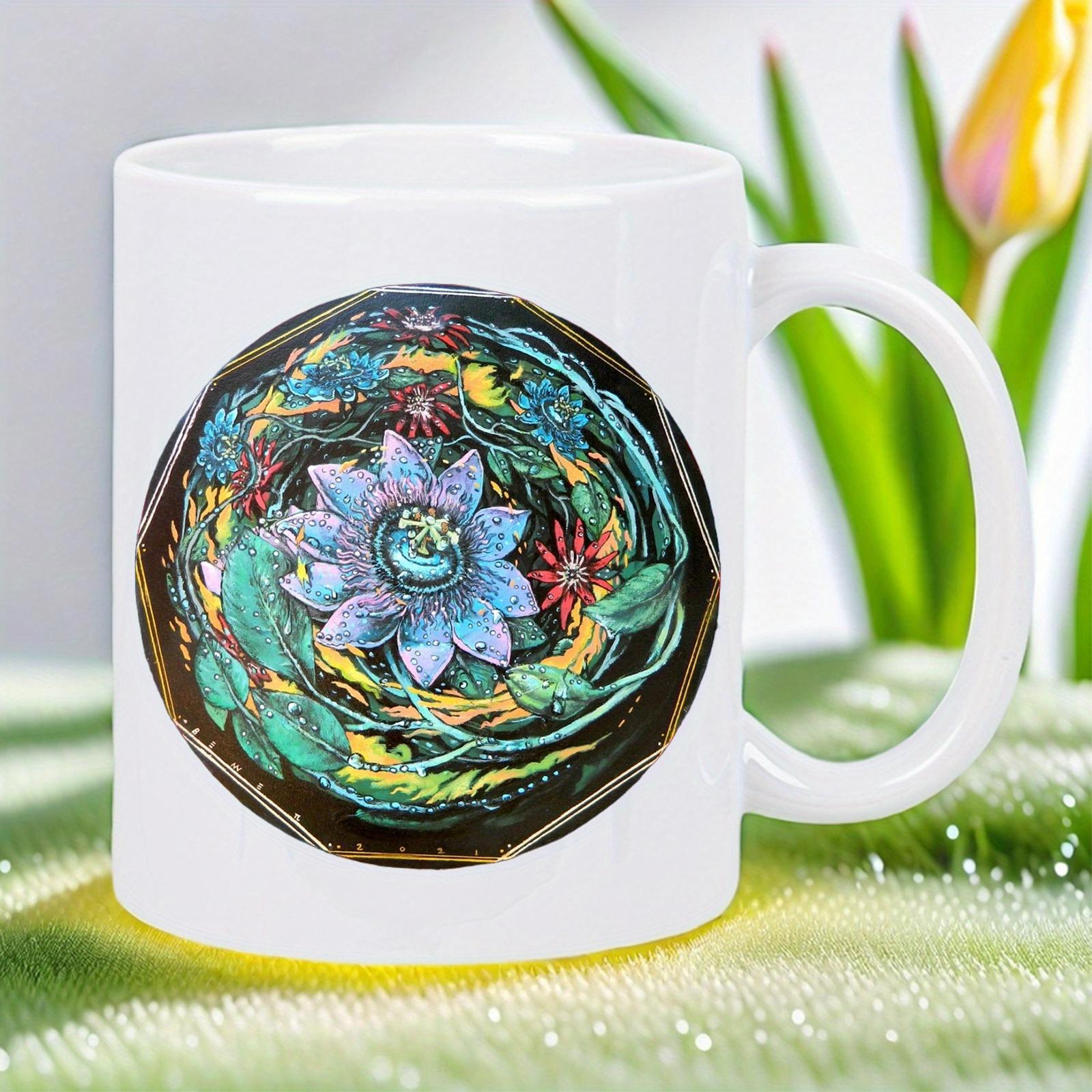 Tailorly White Ceramic 11 oz Mug - Vibrant Swirling Patterns Of Turquoise And Gold Surrounding A Central Flower