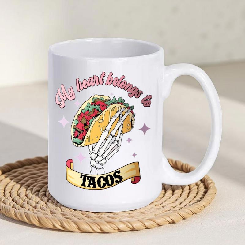 Tailorly White Ceramic 11 oz Mug - My Heart Belongs To Tacos Skeleton Bony Hand Holding Delicious Mexican Food With Fresh Ingredients And Stars Taco