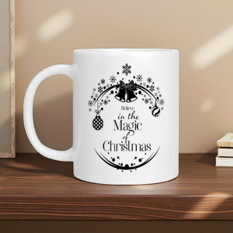Tailorly White Ceramic 11 oz Mug - Believe In The Magic Of Christmas Festive Circular Design With Snowflakes Bells And Hanging Baubles Mug