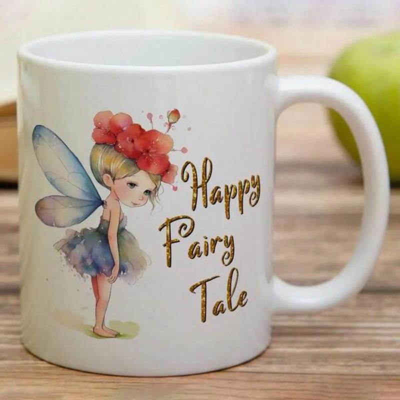 Tailorly White Ceramic 11 oz Mug - Happy Fairy Tale Charming Watercolor Sprite With Red Floral Headband And Delicate Translucent Wings Fairy