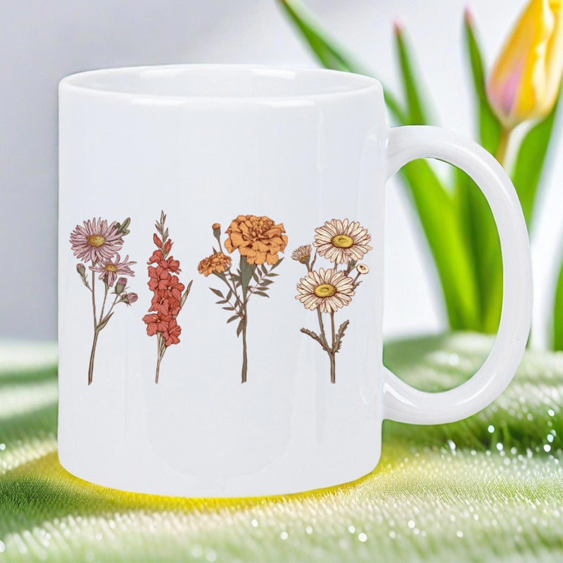 Tailorly White Ceramic 11 oz Mug - Vibrant Wildflower Stems Standing Gracefully In A Vintage Botanical Row Wildflowers
