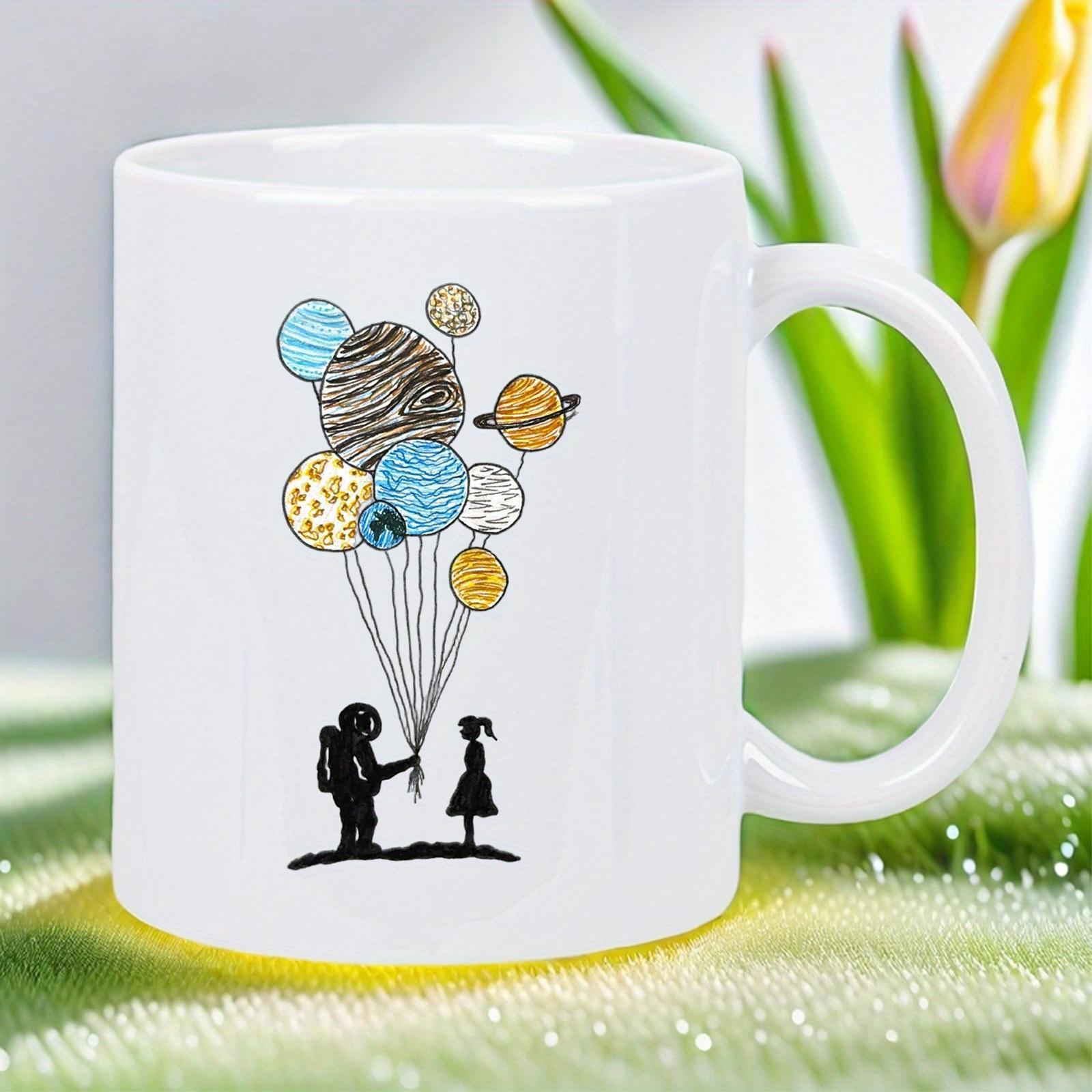 Tailorly White Ceramic 11 oz Mug - Whimsical Girl And Floating Colorful Solar System Planets With Astronaut