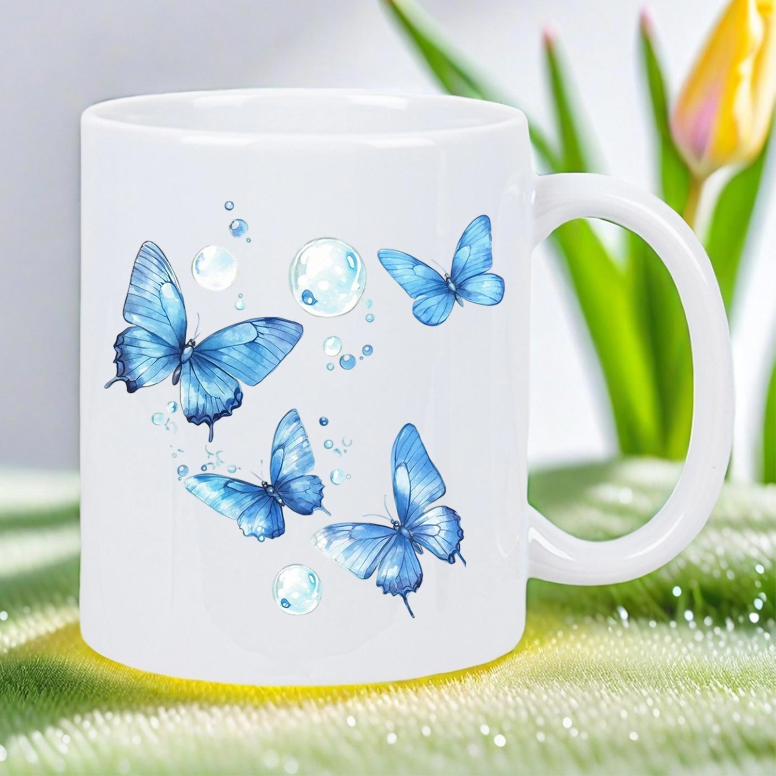Tailorly White Ceramic 11 oz Mug - Vibrant Blue Watercolor Wings Dancing Gracefully Among Shimmering Transparent Dew Drops Butterfly