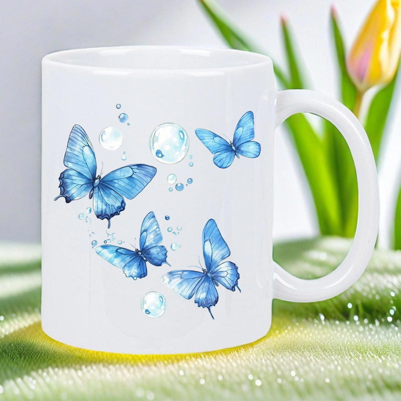 Tailorly White Ceramic 11 oz Mug - Vibrant Blue Watercolor Wings Dancing Gracefully Among Shimmering Transparent Dew Drops Butterfly