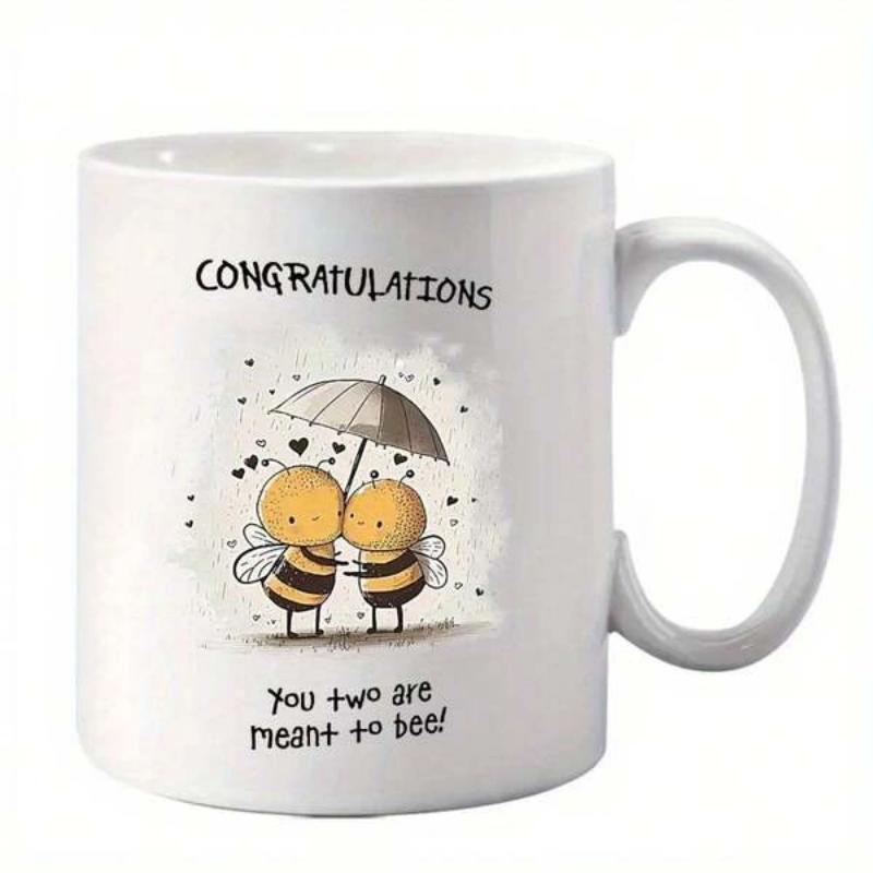 Tailorly White Ceramic 11 oz Mug - Congratulations You Two Are Meant To Bee Adorable Cartoon Bumblebees Sheltering Under Umbrella Among Floating Little Black