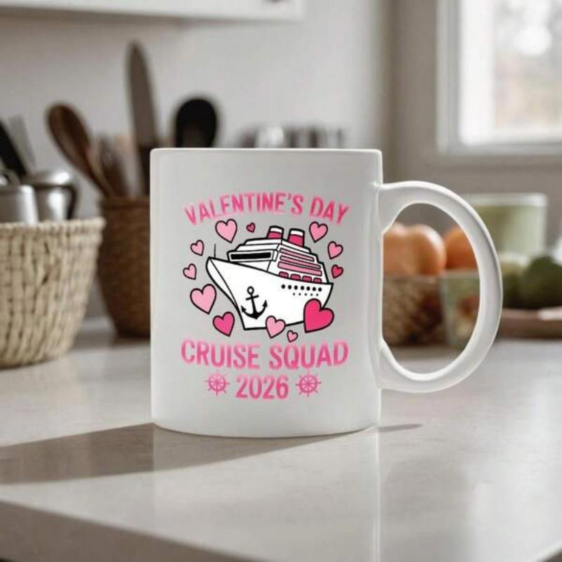 Tailorly White Ceramic 11 oz Mug - Valentine's Day Cruise Squad 2026 Sailing On Gentle Waves Surrounded By Floating Pink Romantic Hearts Ship