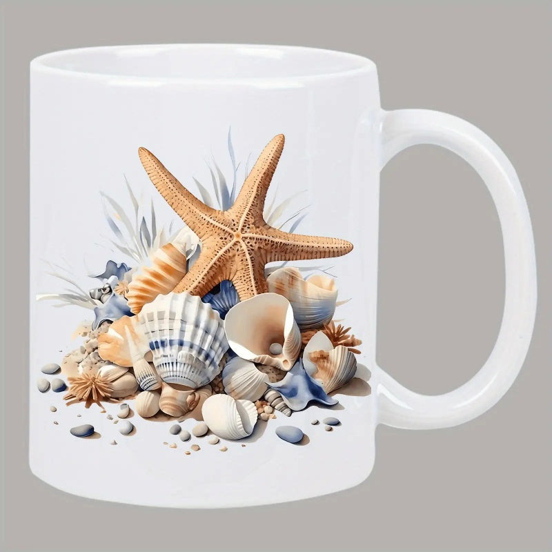 Tailorly White Ceramic 11 oz Mug - Delicate Coastal Seashells And Small Pebbles Resting Under A Large Starfish
