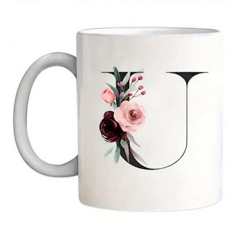 Tailorly White Ceramic 11 oz Mug - U Elegant Floral Monogram Design With Pink Roses And Green Leaves Letter