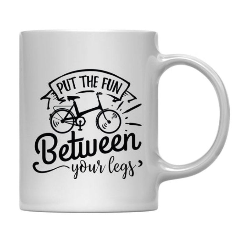 Tailorly White Ceramic 11 oz Mug - Put The Fun Between Your Legs Minimalist Black Metal Design Featuring Classic Frame And Artistic Script Bicycle