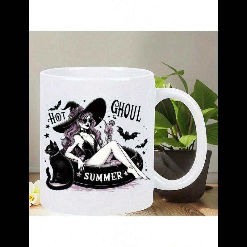 Tailorly White Ceramic 11 oz Mug - Hot Ghoul Summer Spooky Gothic Woman Relaxing With Drink And Black Cat Bats Witch