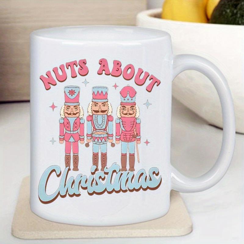 Tailorly White Ceramic 11 oz Mug - Nuts About Christmas Three Pastel Pink Figures Standing Among Small Sparkling Stars Nutcracker