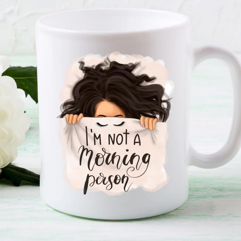 Tailorly White Ceramic 11 oz Mug - Im Not A Morning Person Messy Dark Hair Girl Peeking Behind White Blanket Comfortable Morning Mood Illustration