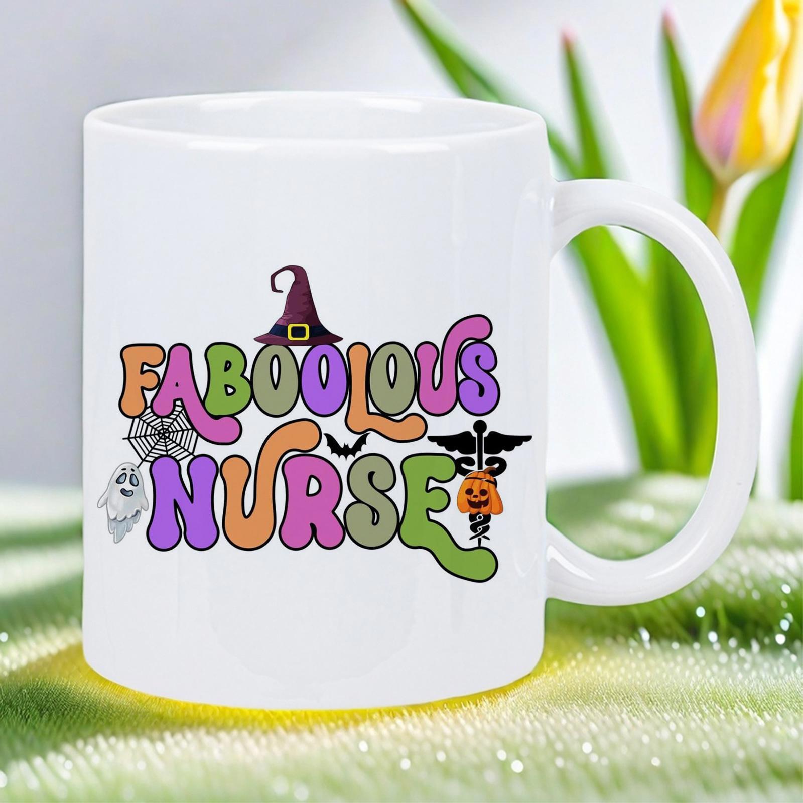 Tailorly White Ceramic 11 oz Mug - Faboolous Nurse Retro Bubbly Letters Featuring Witch Hat Bats Spider Web And Ghost Mug