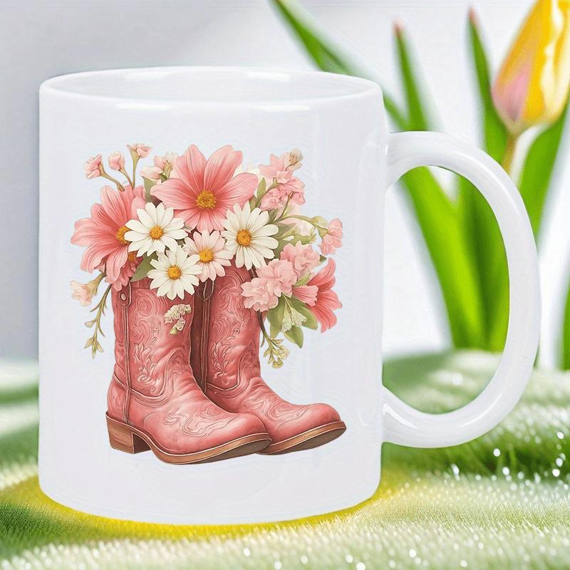 Tailorly White Ceramic 11 oz Mug - Rustic Pink Floral Design Filled With Blooming Spring Daisies And Cowboy Boots
