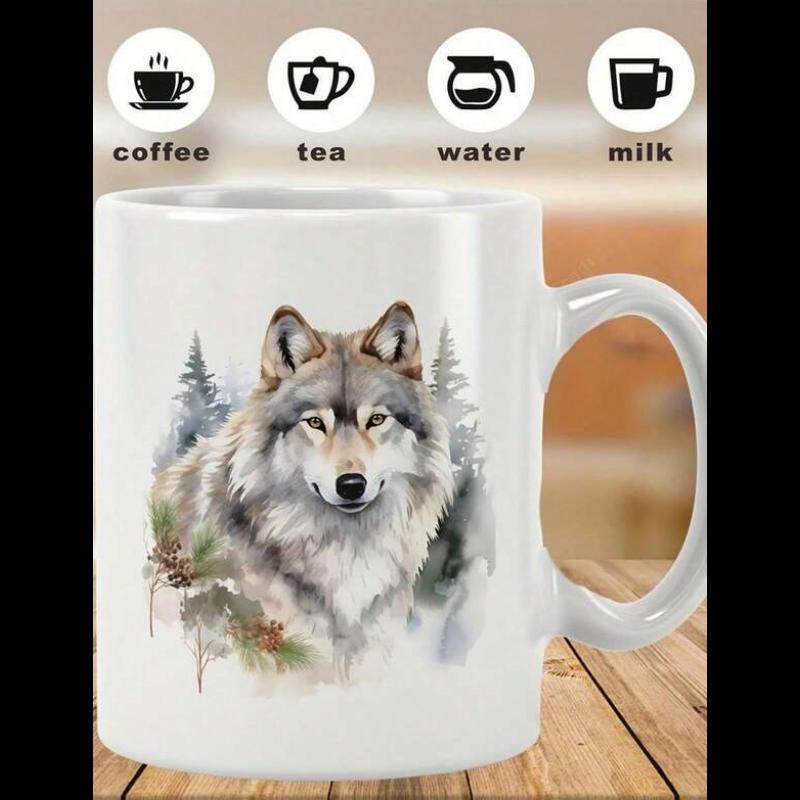 Tailorly White Ceramic 11 oz Mug - Majestic Wild Spirit Standing Amidst Misty Pine Trees In Snowy Forest Wolf