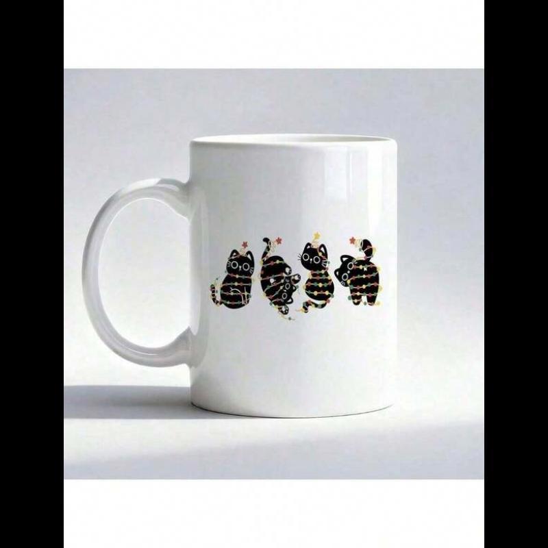 Tailorly White Ceramic 11 oz Mug - Adorable Black Cats With Decorative White Patterns Posed In Various Playful Positions Cat