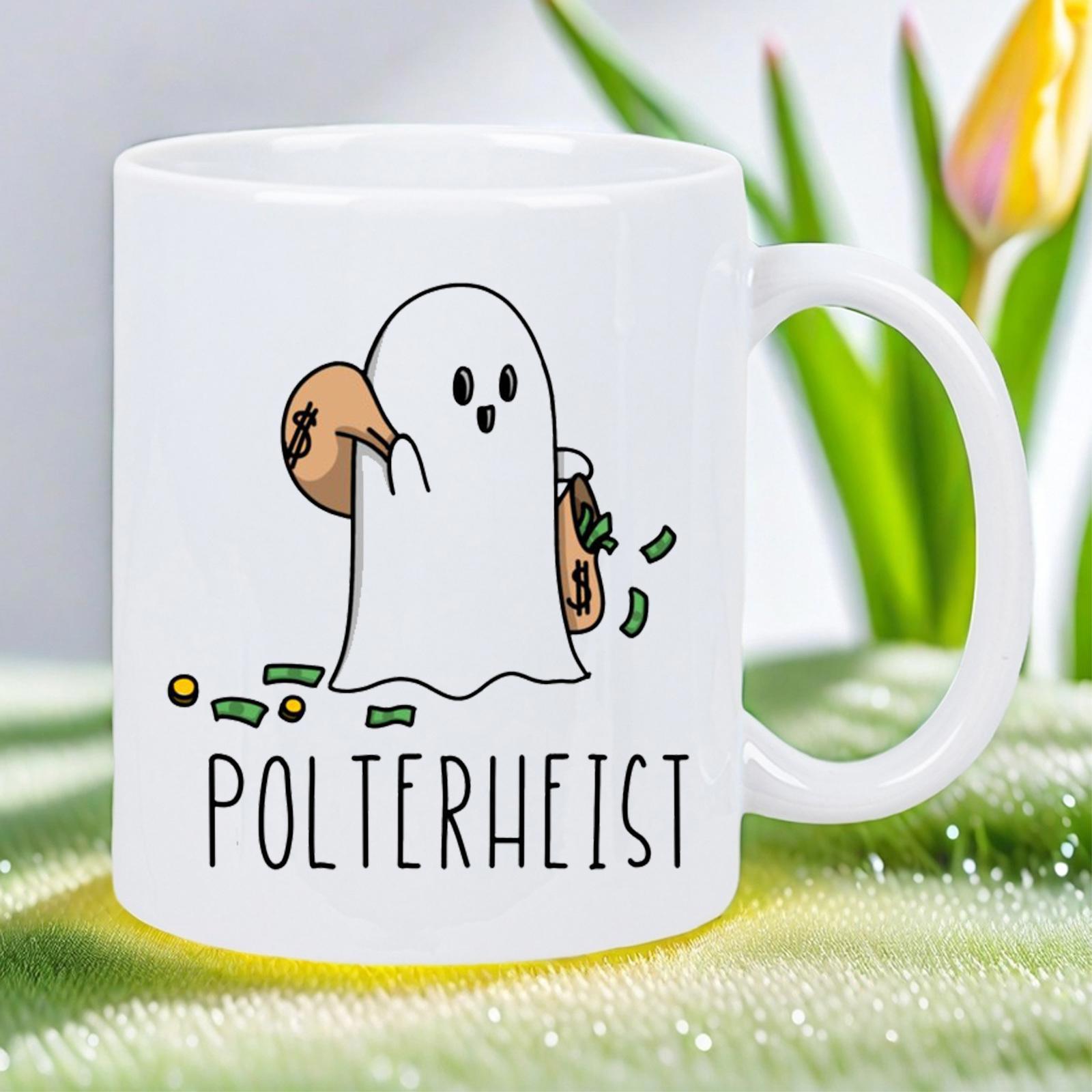 Tailorly White Ceramic 11 oz Mug - Polterheist Cute Cartoon Phantom Holding Money Bags Among Scattered Dollar Notes And Coins Ghost
