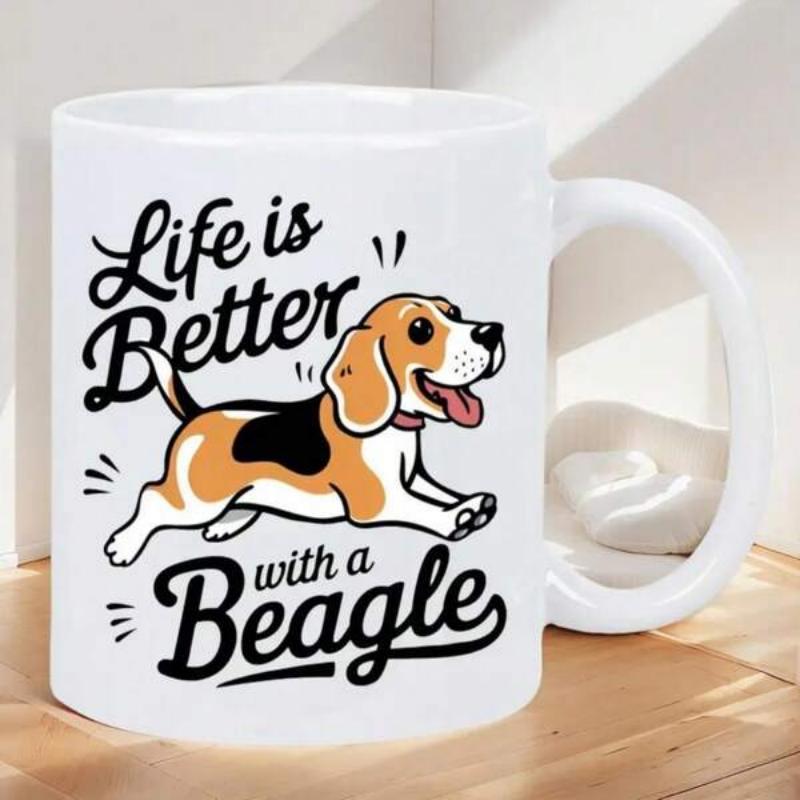Tailorly White Ceramic 11 oz Mug - Life Is Better With A Beagle Happy Playful Puppy Jumping Joyfully Among Motion Lines Beagle