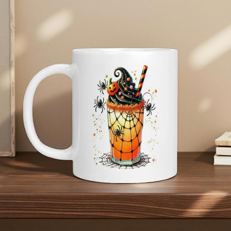 Tailorly White Ceramic 11 oz Mug - Spooky Halloween Milkshake With Decorative Spiders And Festive Carved Pumpkin Drink