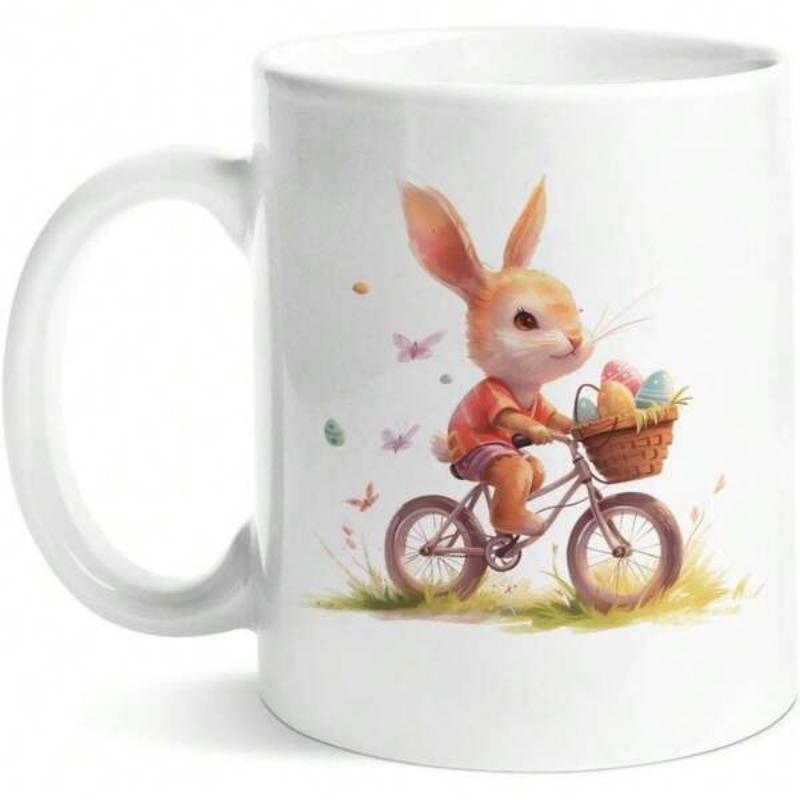 Tailorly White Ceramic 11 oz Mug - Adorable Fluffy Bunny Riding Pink Bicycle With Colorful Easter Eggs Rabbit