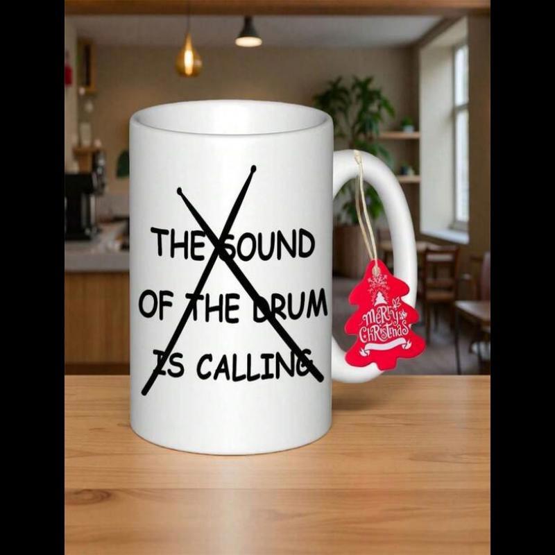 Tailorly White Ceramic 11 oz Mug - The Sound Of The Drum Is Calling Minimalist Crossed Wooden Rhythm Tools Set Against A Simple Clean Background Drumsticks