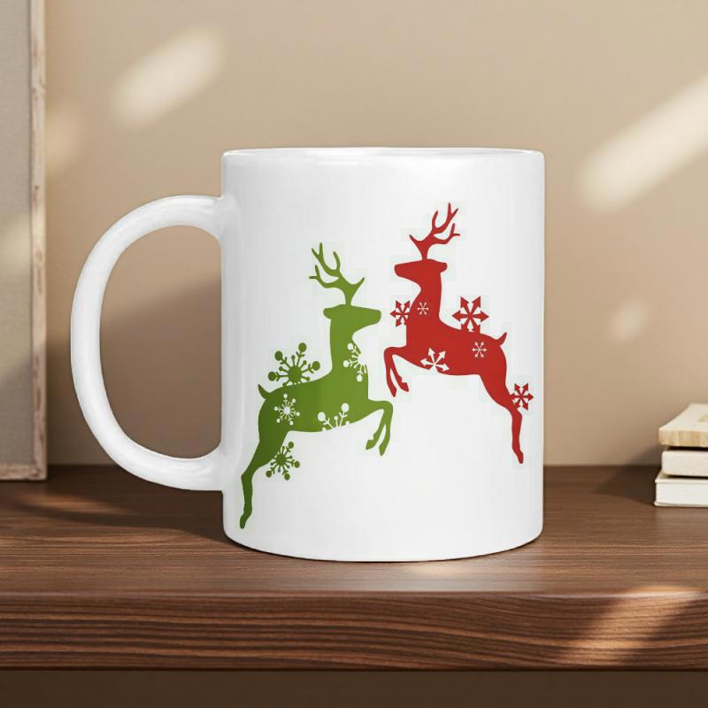Tailorly White Ceramic 11 oz Mug - Festive Leaping Red And Green Silhouettes With Integrated Snowy Snowflake Patterns Reindeer