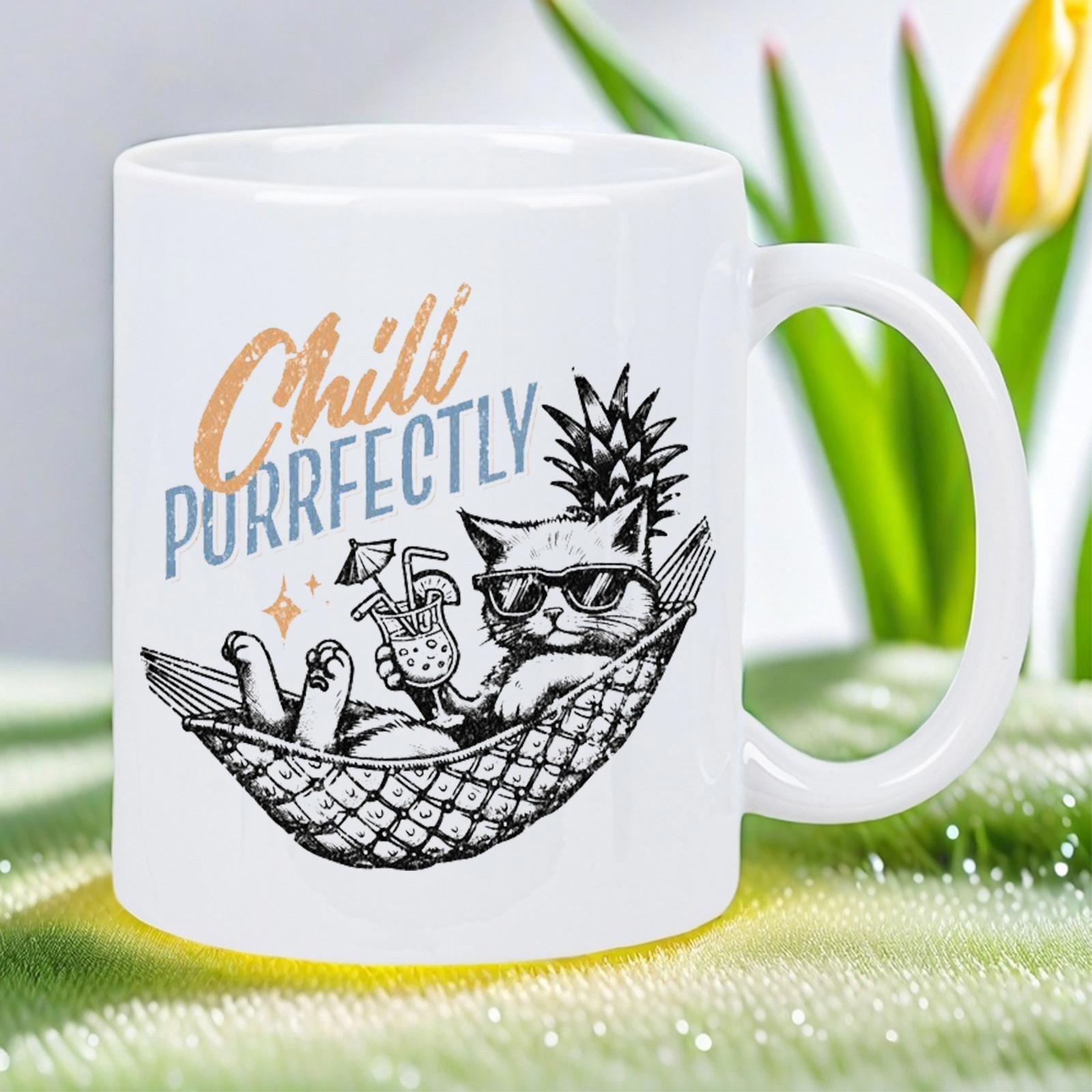 Tailorly White Ceramic 11 oz Mug - Chill Purrfectly Tropical Summer Vibe Relaxing In A Hammock With Pineapple Cat