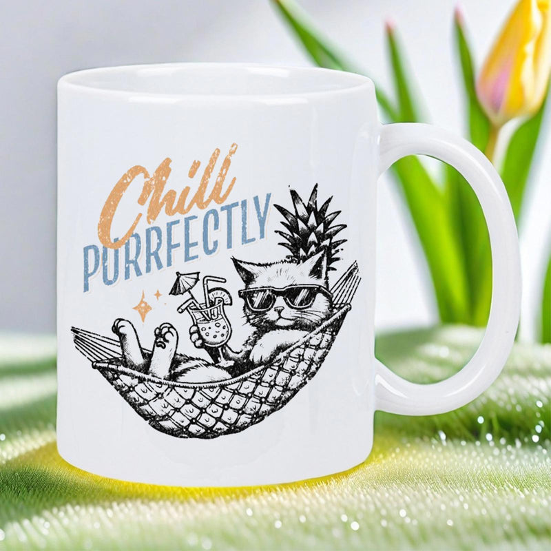 Tailorly White Ceramic 11 oz Mug - Chill Purrfectly Tropical Summer Vibe Relaxing In A Hammock With Pineapple Cat
