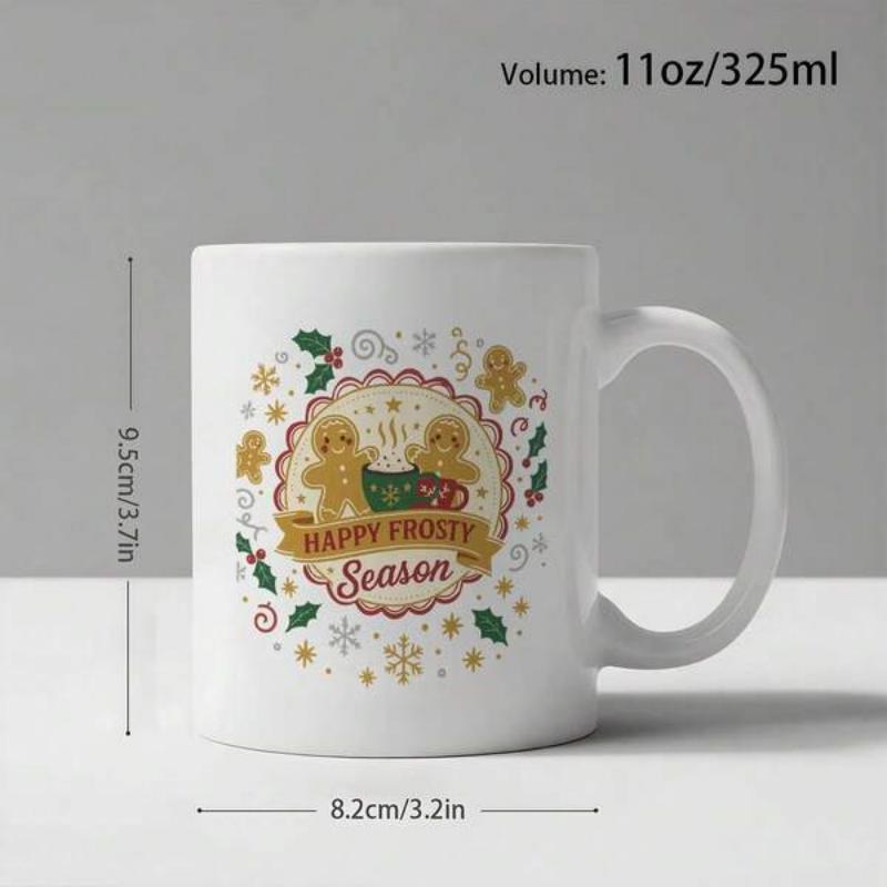 Tailorly White Ceramic 11 oz Mug - Happy Frosty Season Adorable Festive Holiday Illustration Featuring Smiling Little Characters Among Seasonal Snowy Decorations