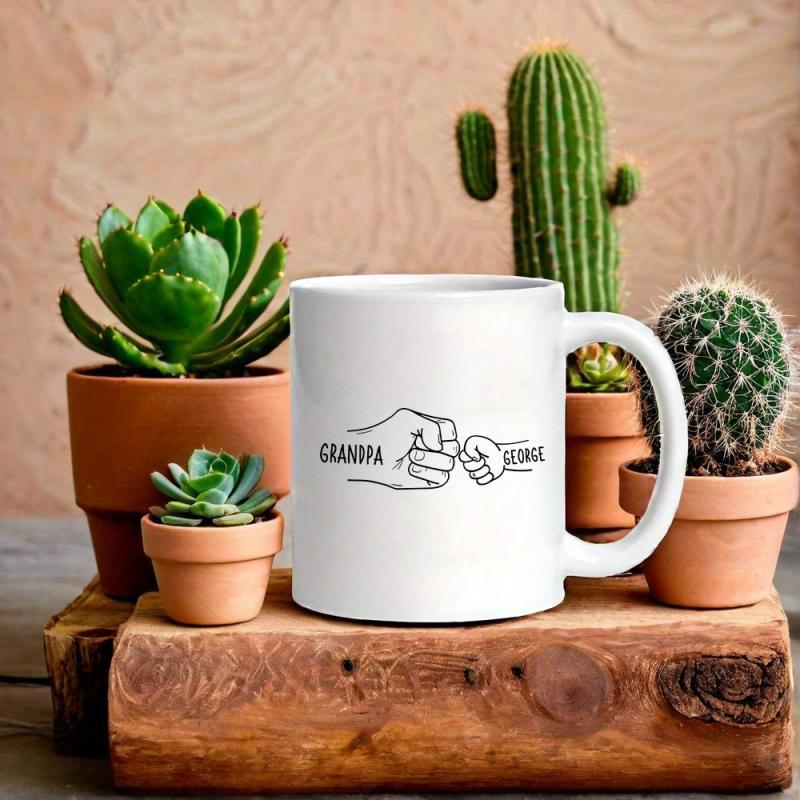 Tailorly White Ceramic 11 oz Mug - Grandpa Grandson Minimalist Line Art Representing A Heartwarming Connection Between Family Members Fist Bump