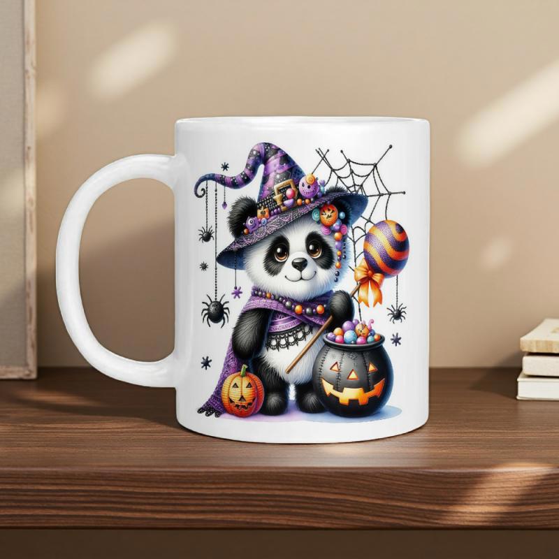 Tailorly White Ceramic 11 oz Mug - Adorable Halloween Witch Wearing Purple Hat Beside Spooky Pumpkin And Cauldron Panda