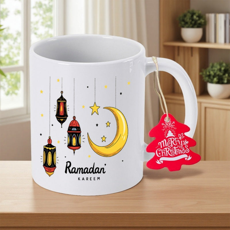 Tailorly White Ceramic 11 oz Mug - Ramadan Kareem Traditional Hanging Lanterns Glowing Under A Bright Golden Crescent Moon