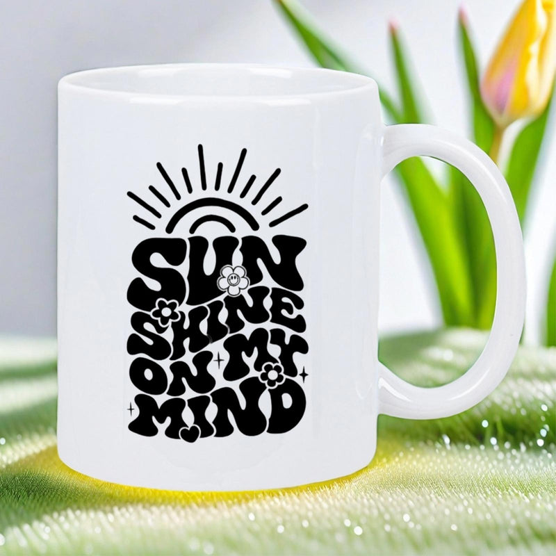 Tailorly White Ceramic 11 oz Mug - Sunshine On My Mind Radiant Rising Sun Among Small Blossoms Within Retro Stylized Font Mug