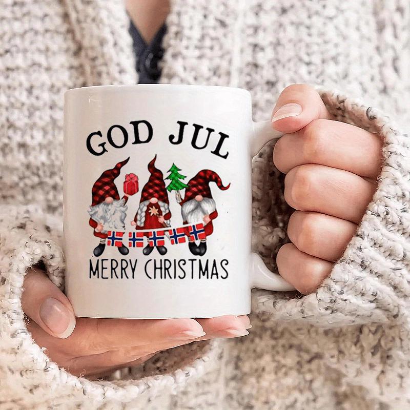 Tailorly White Ceramic 11 oz Mug - Merry Christmas Three Festive Holiday Gnomes Wearing Buffalo Plaid Hats Holding Colorful Bunting Gnomes
