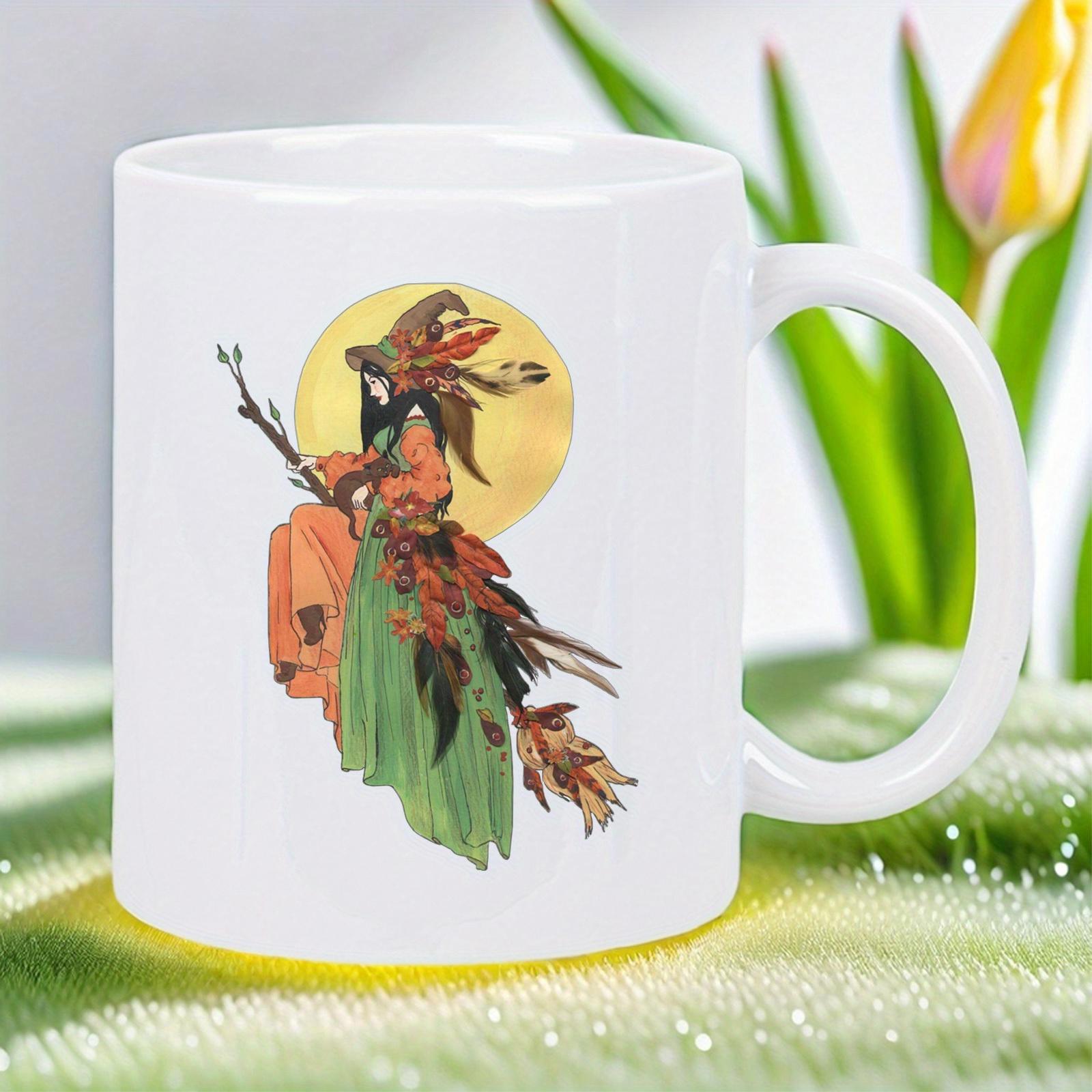 Tailorly White Ceramic 11 oz Mug - Charming Autumnal Illustration Riding A Broomstick Under Golden Full Moon Witch