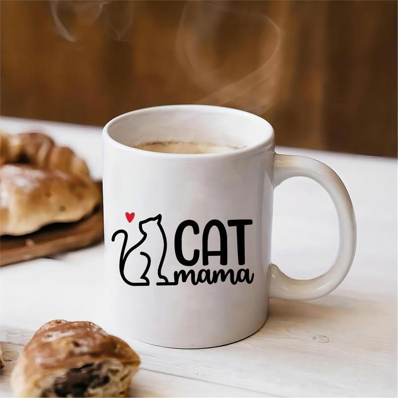 Tailorly White Ceramic 11 oz Mug - Cat Mama Minimalist Black Line Drawing Of A Feline With A Red Heart Cat