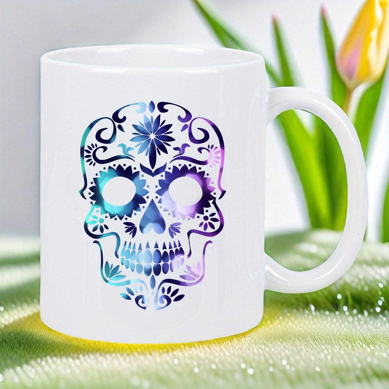 Tailorly White Ceramic 11 oz Mug - Intricate Floral Patterns With Vibrant Galaxy Colors Decorating This Decorative Calavera Skull