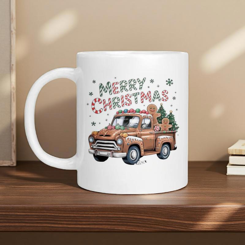 Tailorly White Ceramic 11 oz Mug - Merry Christmas Festive Vintage Brown Pickup Truck Carrying Gingerbread Man And Trees Truck