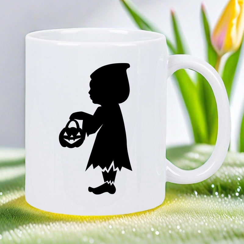Tailorly White Ceramic 11 oz Mug - Dark Mysterious Halloween Silhouette Of A Child Carrying A Spooky Pumpkin Trick Or Treater