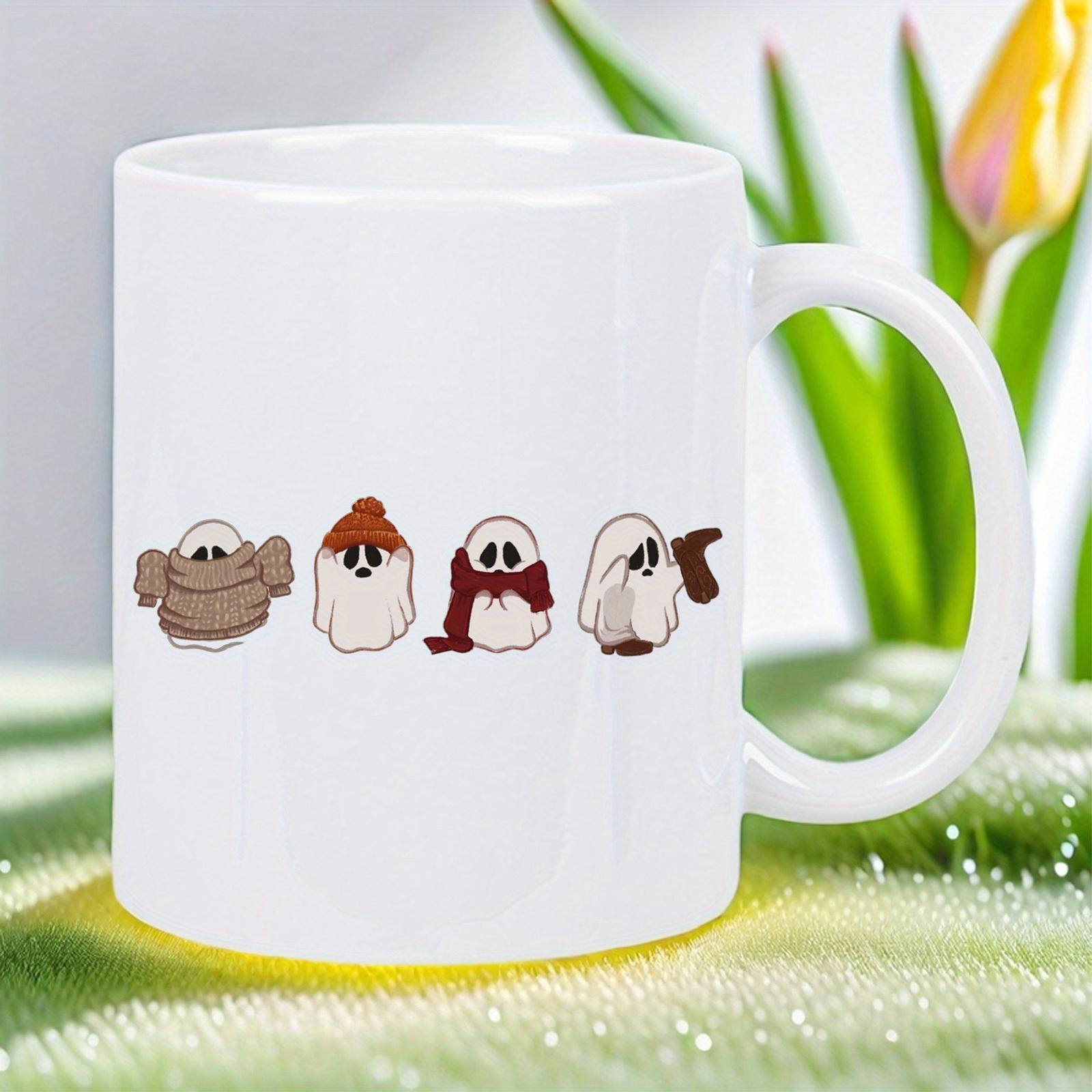 Tailorly White Ceramic 11 oz Mug - Four Little Spooky Ghosts Wearing Soft Colorful Winter Clothes Among Friends Ghost