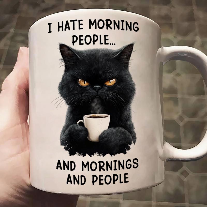 Tailorly White Ceramic 11 oz Mug - I Hate Morning People And Mornings And People Grumpy Black Cat With Intense Yellow Eyes Holding Cat
