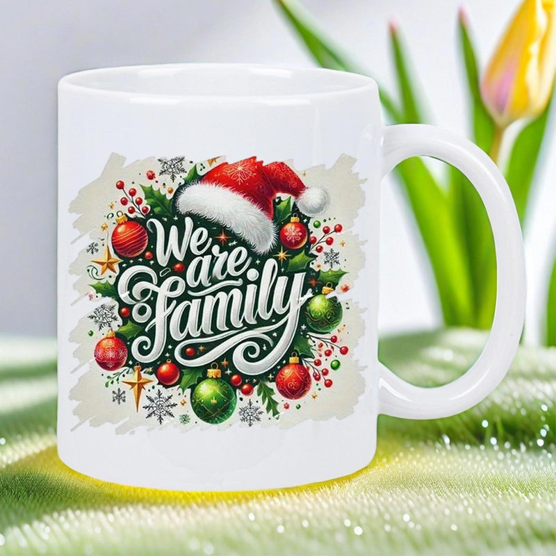 Tailorly White Ceramic 11 oz Mug - We Are Family Festive Santa Hat Surrounded By Shiny Red Baubles And Holly Leaves Wreath